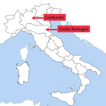 Map of Italy with Emilia-Romagna und Lombardy marked